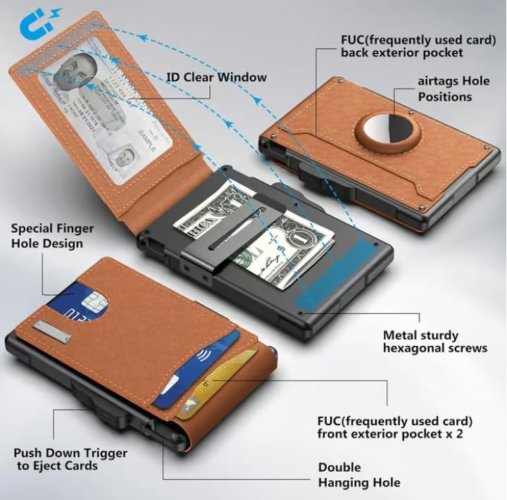 Minimalist Wallet | Pop-Up Aluminum Card Holder & Tracker Pocket | Leather Exterior & RFID Blocking