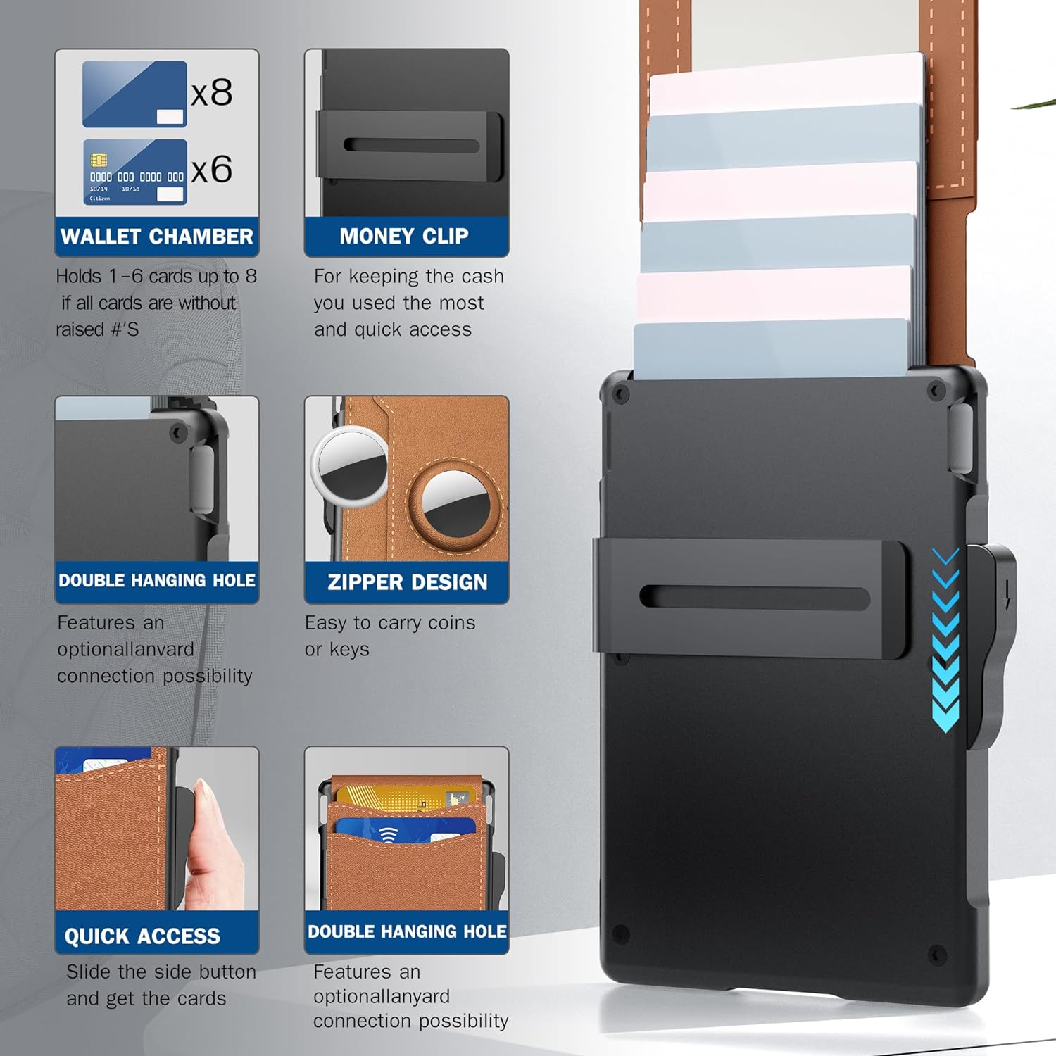 Minimalist Wallet | Pop-Up Aluminum Card Holder & Tracker Pocket | Leather Exterior & RFID Blocking
