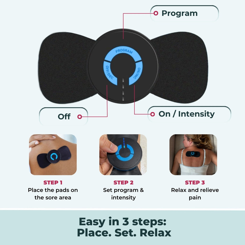 NMES Muscle Stimulator | 19 Intensity Levels | Reusable Self-Adhesive Pads | Back Pain Relief