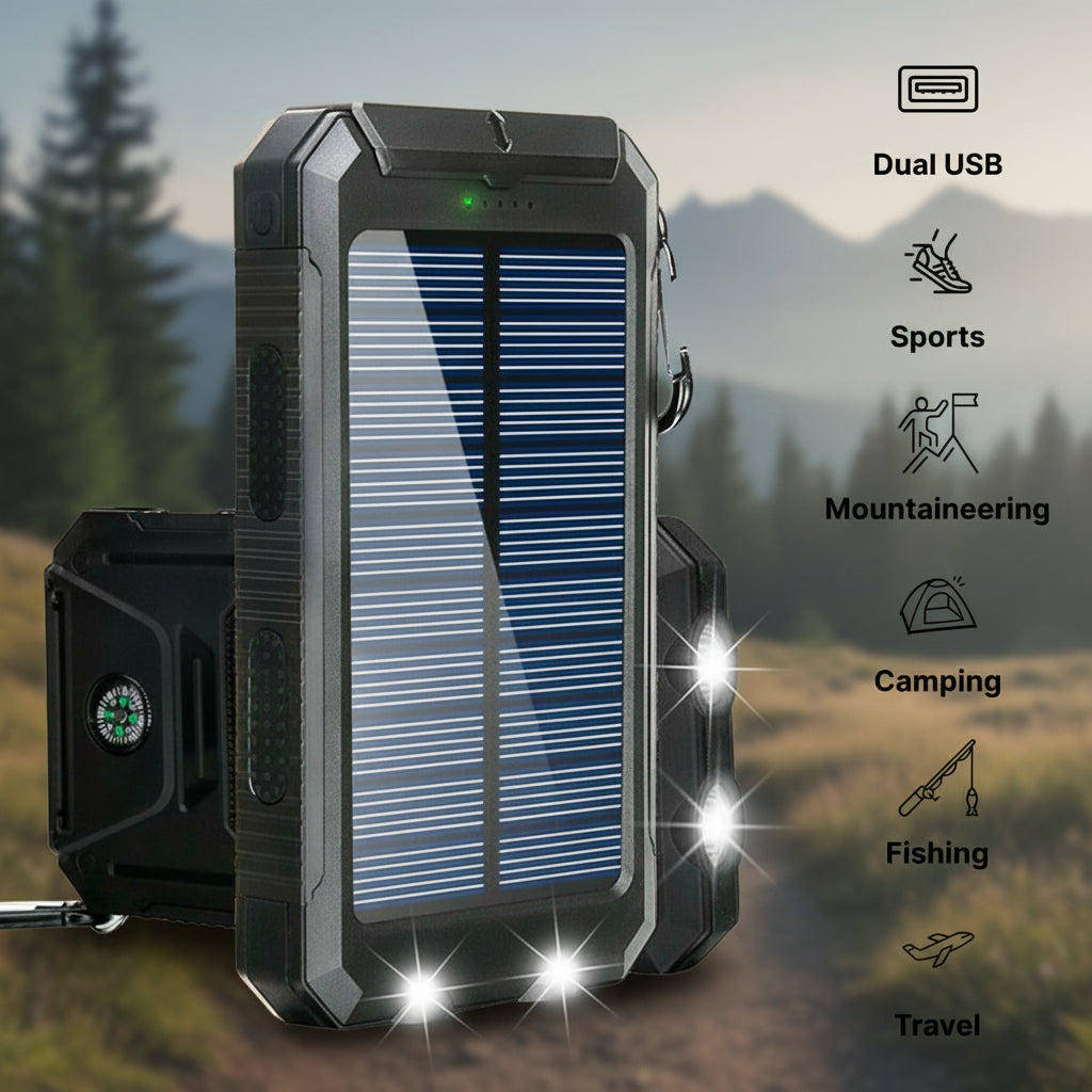 Outdoor Portable Power Bank | Solar Charging & LED Flashlight | 20000mAh Dual USB | Waterproof