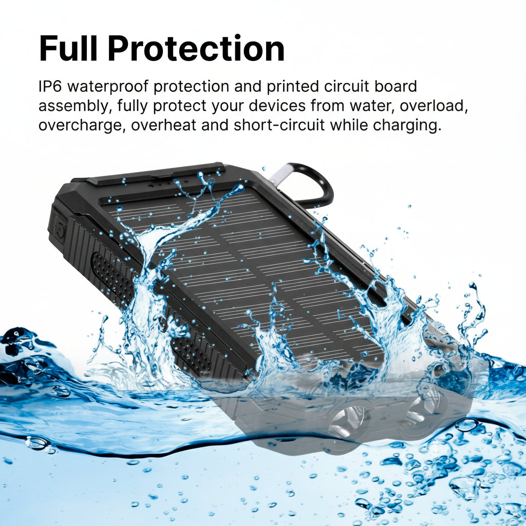 Outdoor Portable Power Bank | Solar Charging & LED Flashlight | 20000mAh Dual USB | Waterproof