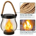 Outdoor Solar Flame Lantern | Realistic Flickering Flame | Hemp Rope Matte Finish | 12-Hour Glow