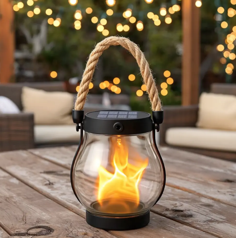Outdoor Solar Flame Lantern | Realistic Flickering Flame | Hemp Rope Matte Finish | 12-Hour Glow