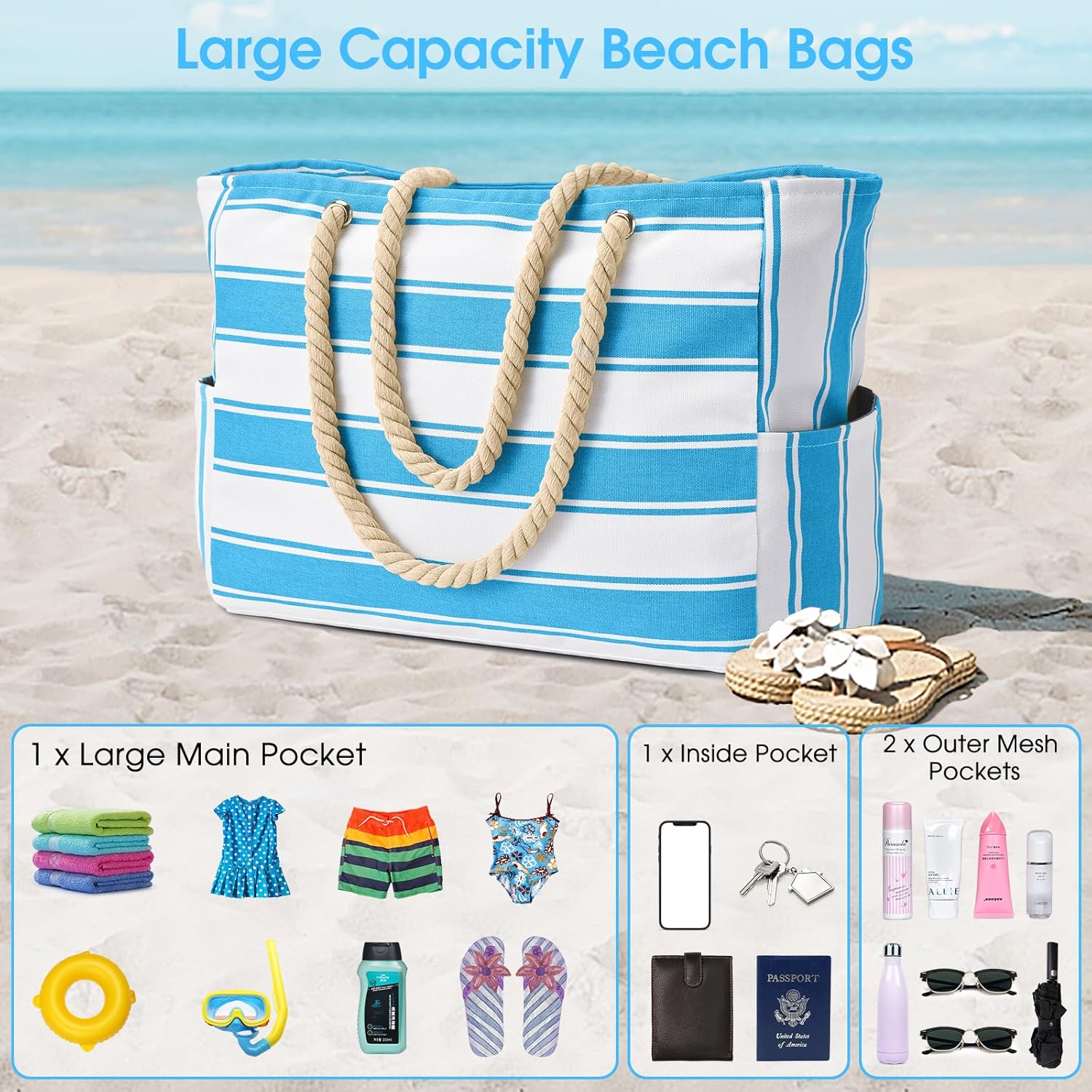 Oversized Beach Tote | Waterproof & Sandproof | 20L Capacity, Reinforced Base & Zippered Closure