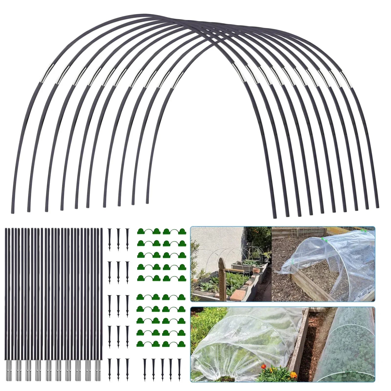Plant Tunnel Kit | 5-Arch Fiberglass Arches | Galvanized Connectors | Weatherproof