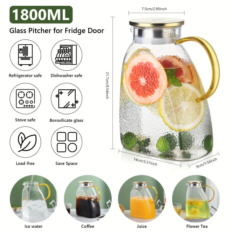 Refrigerator Pitcher | Borosilicate Glass & Strainer Lid | 1.8L | Fridge-Friendly