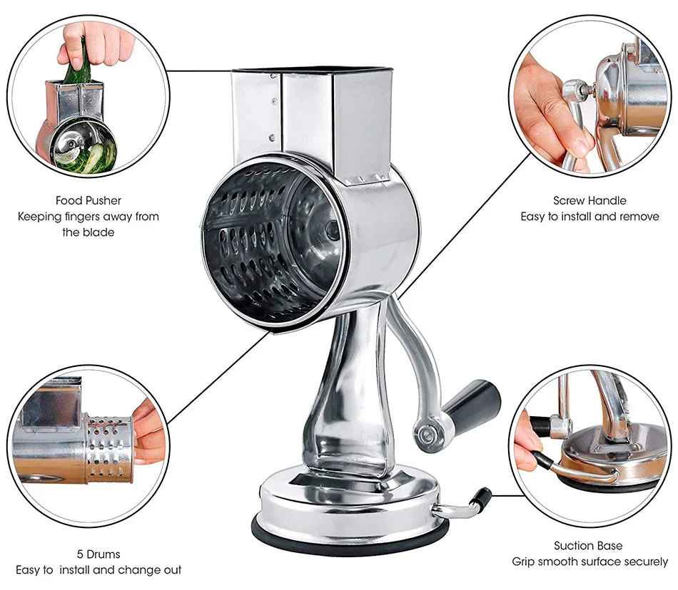 Rotary Food Grater & Slicer | Ergonomic Rotating Drum | Handheld for Cheese & Vegetables