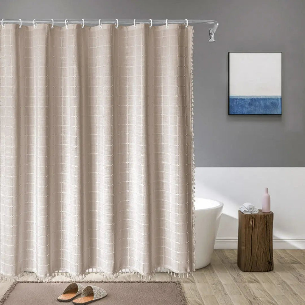 Shower Curtain | Bohemian Linen Tassel Hem | Waterproof Backing & Quick-Drying