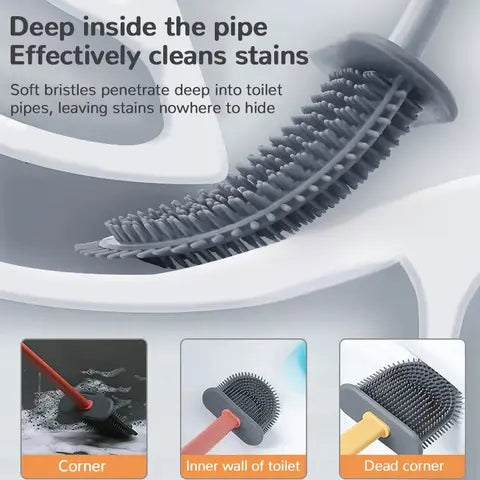 Silicone Toilet Brush | D-Shaped Flexible Head | Scratch-Free Bristles & Ventilated Quick-Dry Holder