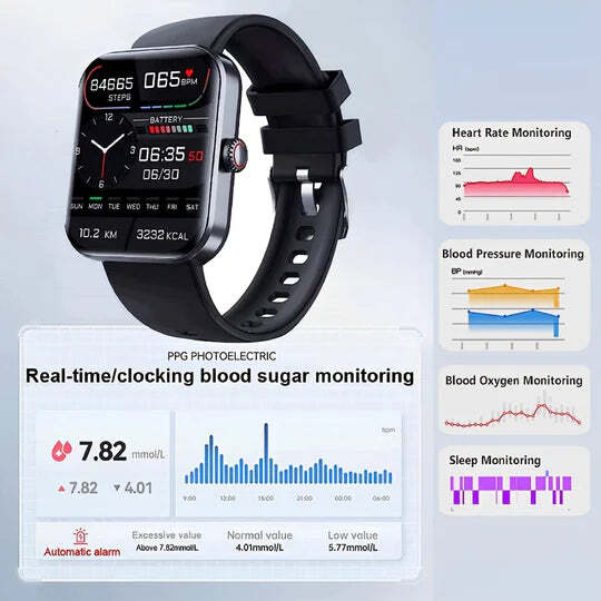 Smartwatch | Non-Invasive Blood Glucose Monitoring | Heart Rate & Sleep Tracking | 7-Day Battery Life