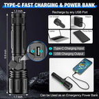Tactical Flashlight | Ultra-Bright Beam & Adjustable Focus | Long Battery Life, Type-C & Power Bank