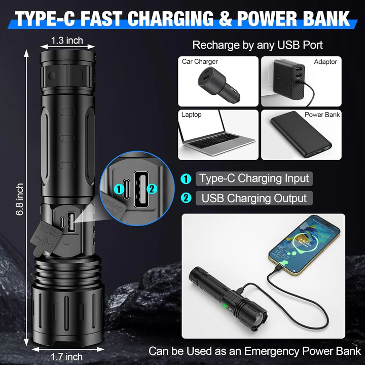 Tactical Flashlight | Ultra-Bright Beam & Adjustable Focus | Long Battery Life, Type-C & Power Bank