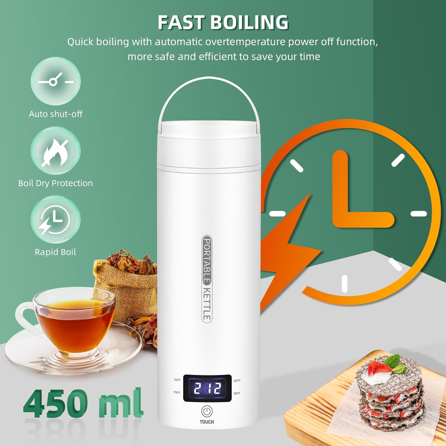 Travel Electric Kettle | Intelligent Temperature Control & Auto Shut-Off | Stainless Steel, 15.2 oz
