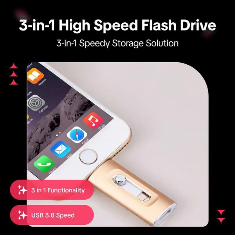 USB Flash Drive for Phone & PC | 3-in-1 OTG & Type-C Adapter | High-Speed Metal Keychain