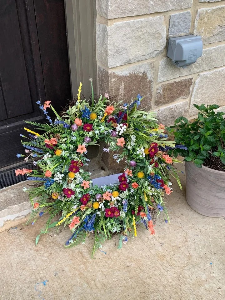 Wildflower Wreath | Handcrafted 16-inch Grapevine Base | Silk Flowers & Eucalyptus