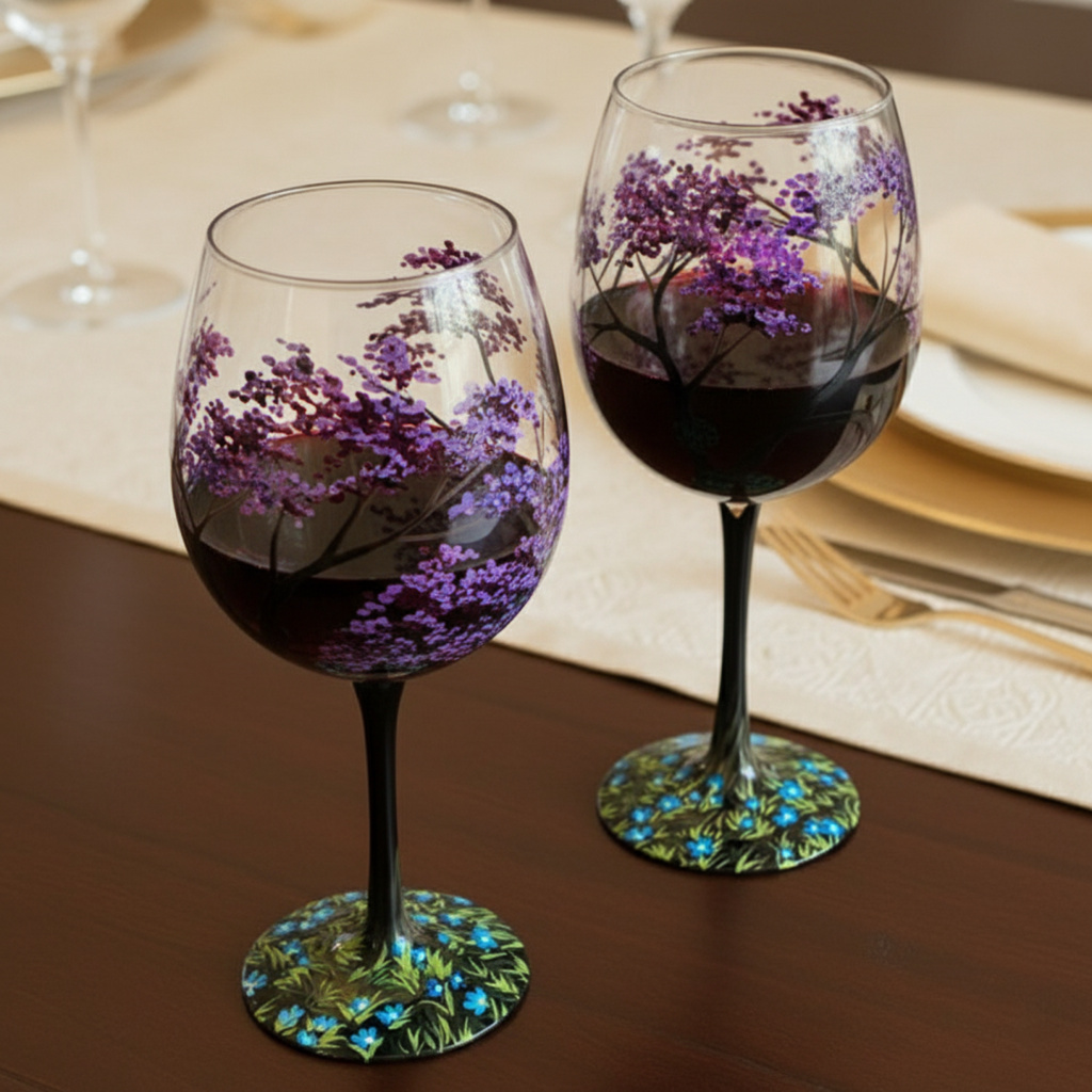 Wine Glass Set | Hand-Painted Four Seasons Tree Design | Set of 4 Glasses & Dishwasher Safe