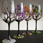 Wine Glass Set | Hand-Painted Four Seasons Tree Design | Set of 4 Glasses & Dishwasher Safe