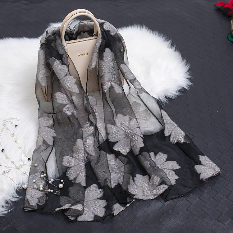 Women's Scarf | Organza Floral Cutout Hollow Motif | 170x70 cm | Lightweight Wrap