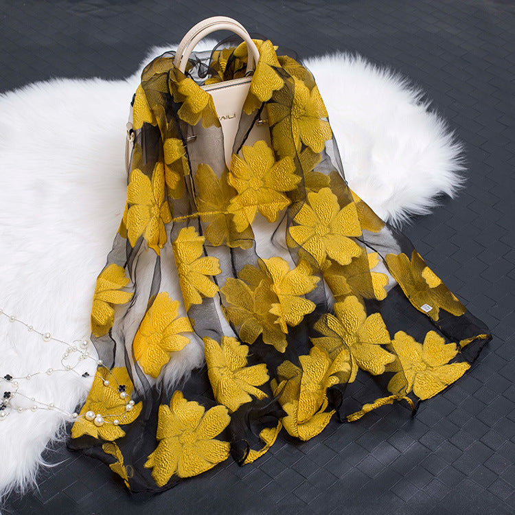 Women's Scarf | Organza Floral Cutout Hollow Motif | 170x70 cm | Lightweight Wrap