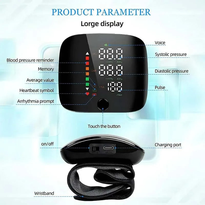Wrist Blood Pressure Monitor | Voice Alerts & Large LCD | USB Rechargeable & Dual User Memory