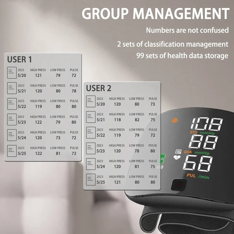 Wrist Blood Pressure Monitor | Voice Alerts & Large LCD | USB Rechargeable & Dual User Memory