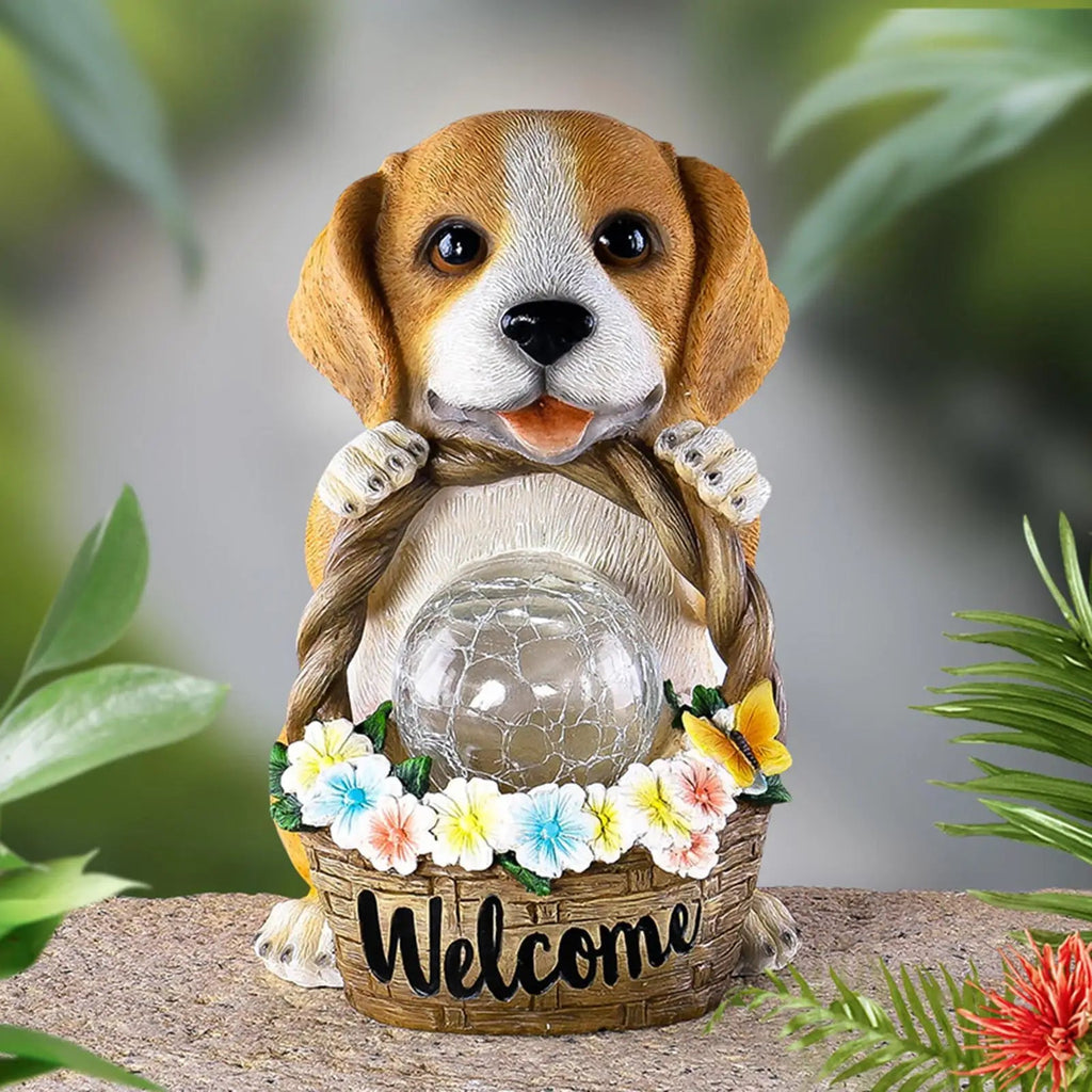 Solar-Powered Dog Sculpture with LED | Resin | Weather-Resistant Garden Ornament | Solo Dog