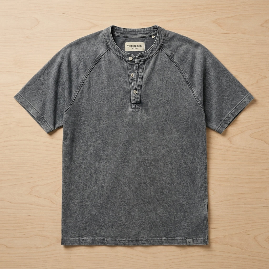 VesperLoom™ – Vintage Mineral-Wash Raglan Henley Tee