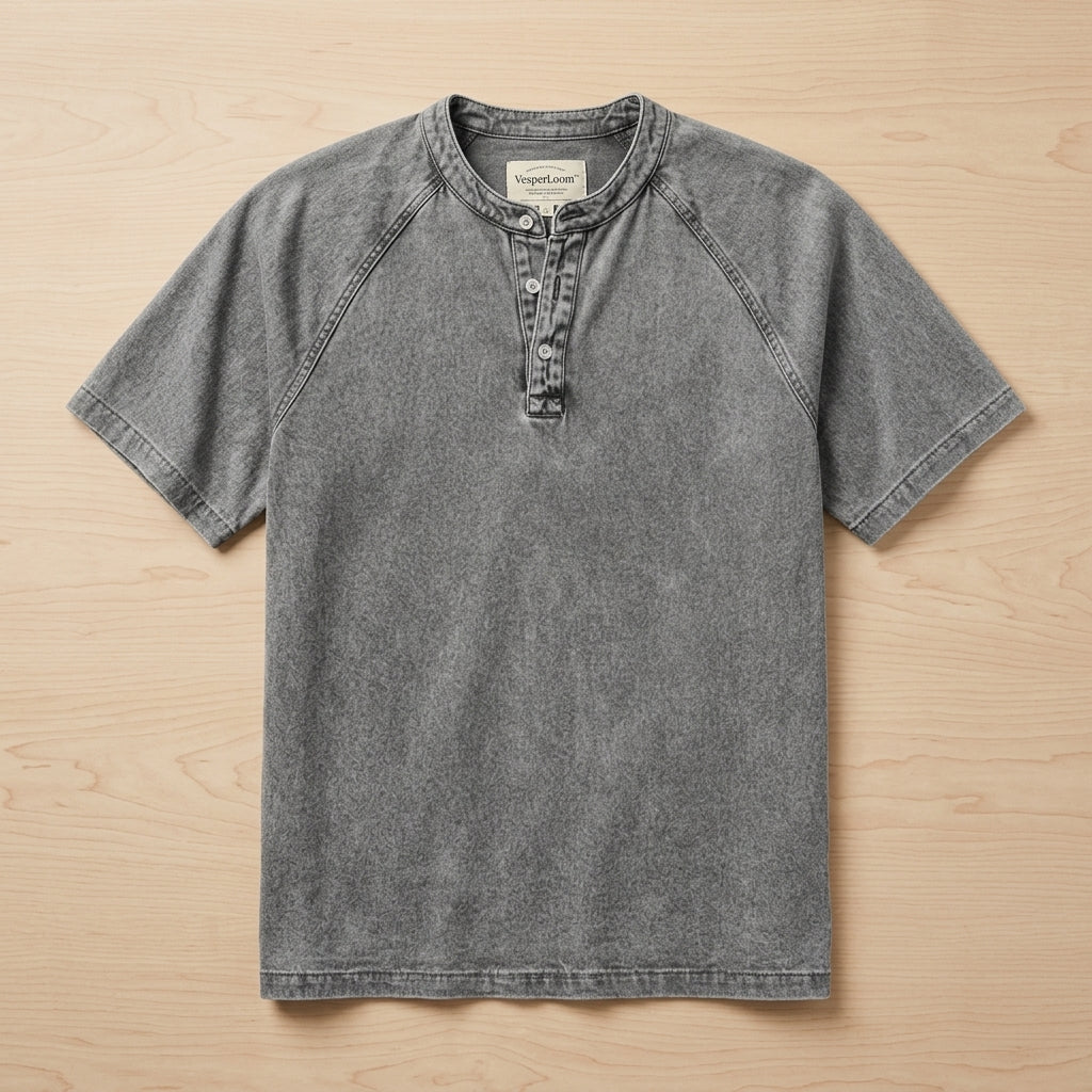 VesperLoom™ – Vintage Mineral-Wash Raglan Henley Tee