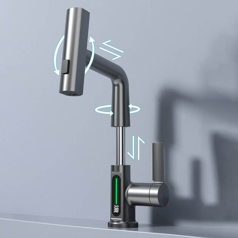 Pull-out Faucet 360° Rotation | LED Temp Display | 5 Spray Settings | Flowsense