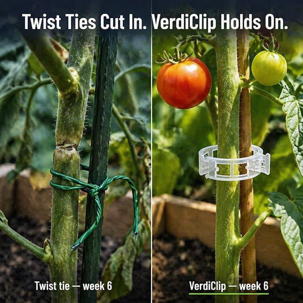 VerdiClip™ — Keep Tomatoes Upright, Forget Twist Ties, Protect Every Stem from Breaking