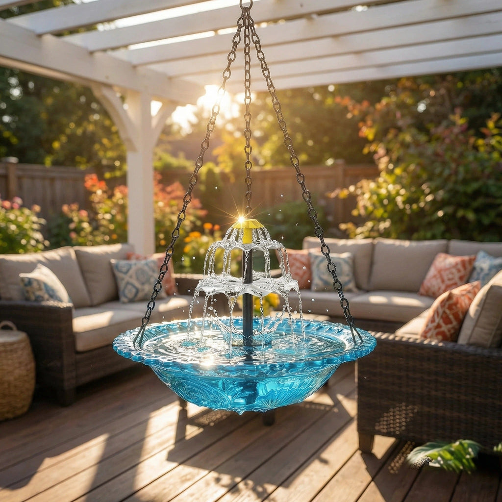 Solar-Powered Hanging Bird Bath with Fountain | Glass Bowl | Two-Tier | Aquavio