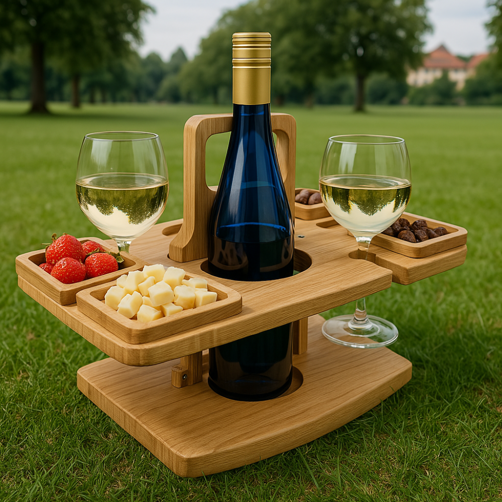 Wine Table Wooden Foldable | Snack Sections | Glass and Bottle Holders | Tray Table