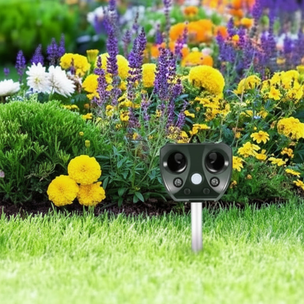 Solar-Powered Animal Repeller Ultrasound | PIR Sensor 110°, 9 m | IPX4, USB & Solar | Wildblock