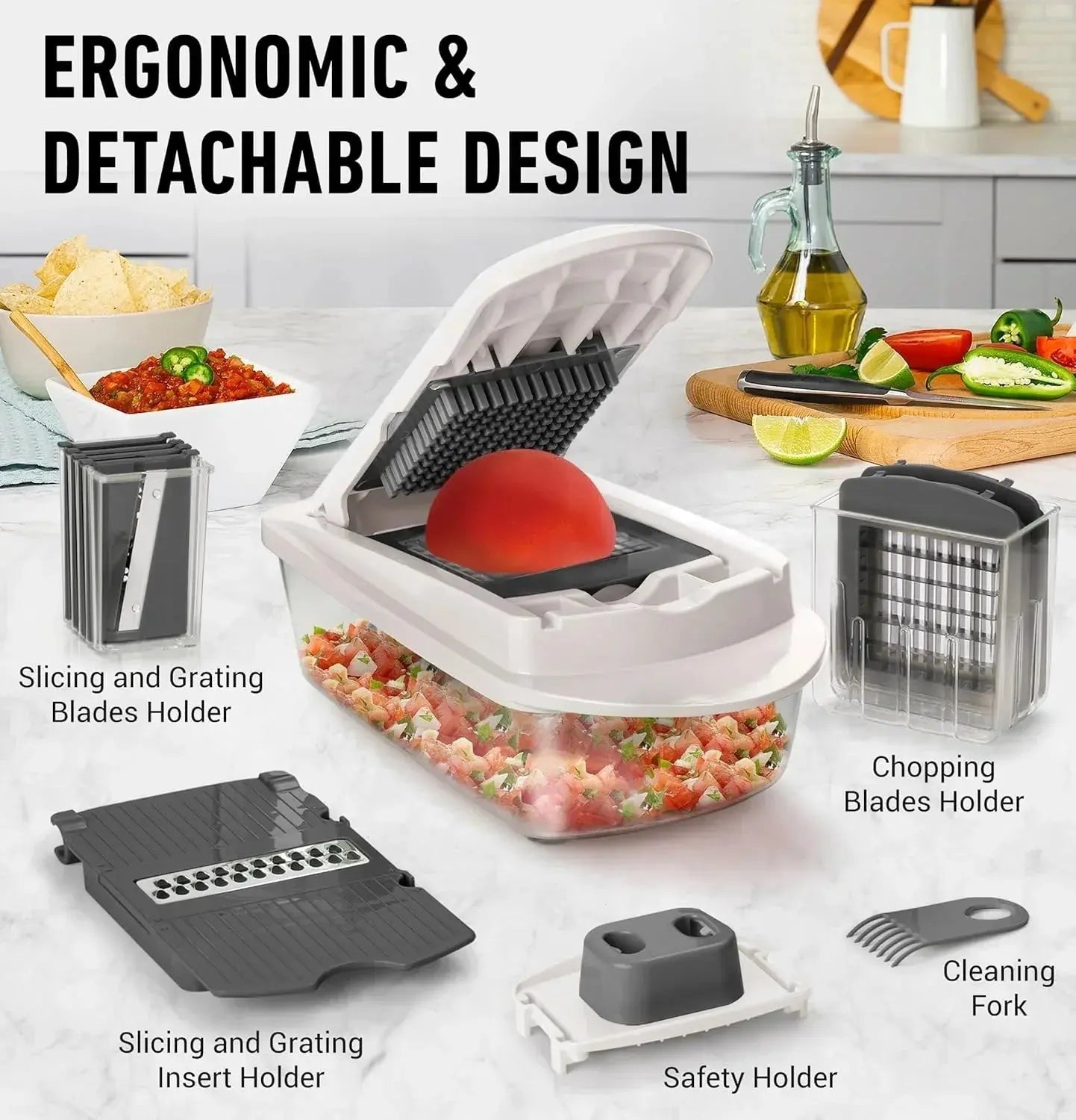Vegetable Cutter | Dicing, Chopping and Grating | Collection Container & Safety Holder | VegiCut