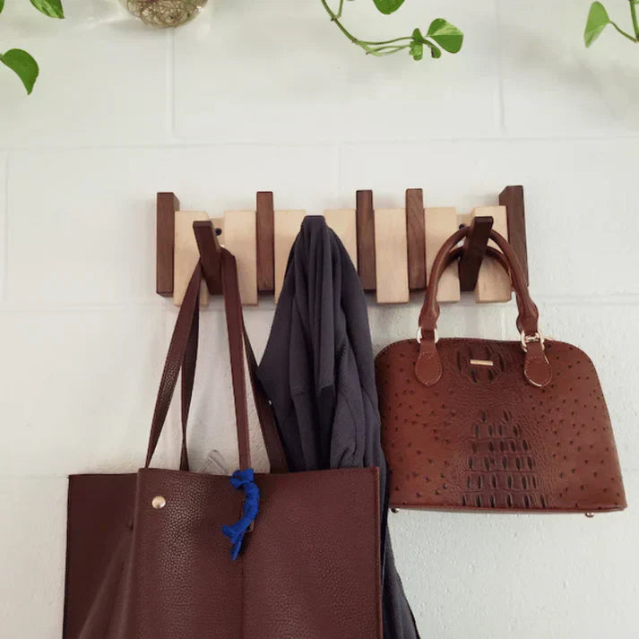 Piano Coat Rack in Wood | Sturdy Walnut & Maple Wood | 8 Hooks Wall-Mounted | Keystrak