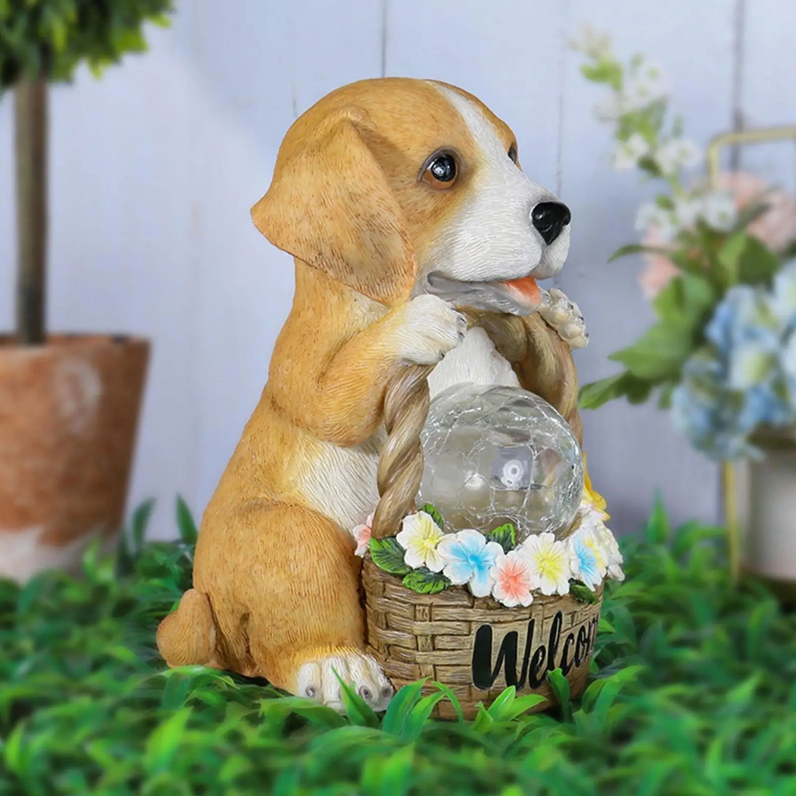 Solar-Powered Dog Sculpture with LED | Resin | Weather-Resistant Garden Ornament | Solo Dog