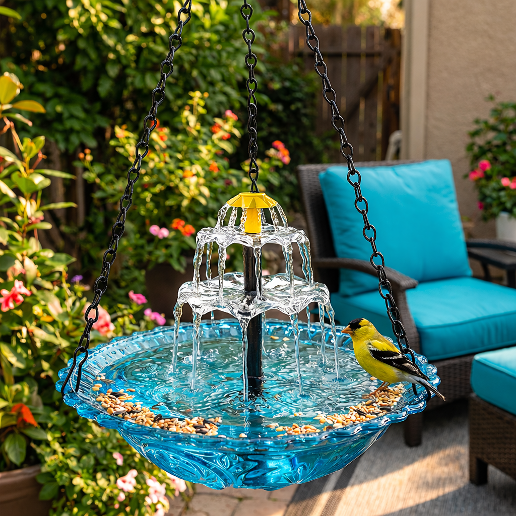Solar-Powered Hanging Bird Bath with Fountain | Glass Bowl | Two-Tier | Aquavio