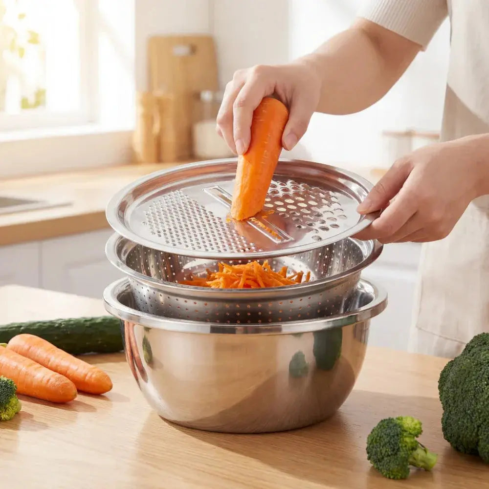3-in-1 Mixing Bowl Set | Built-in Grid and Drain System | Stackable and Space-Saving | MultiPrep