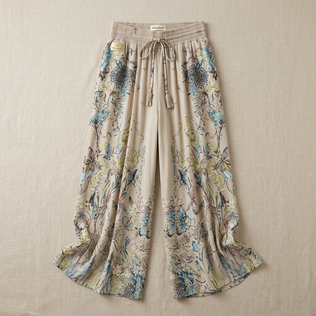 VeloraEase™ – Breezy Printed Wide-Leg Pants with Petal-Wrap Hem