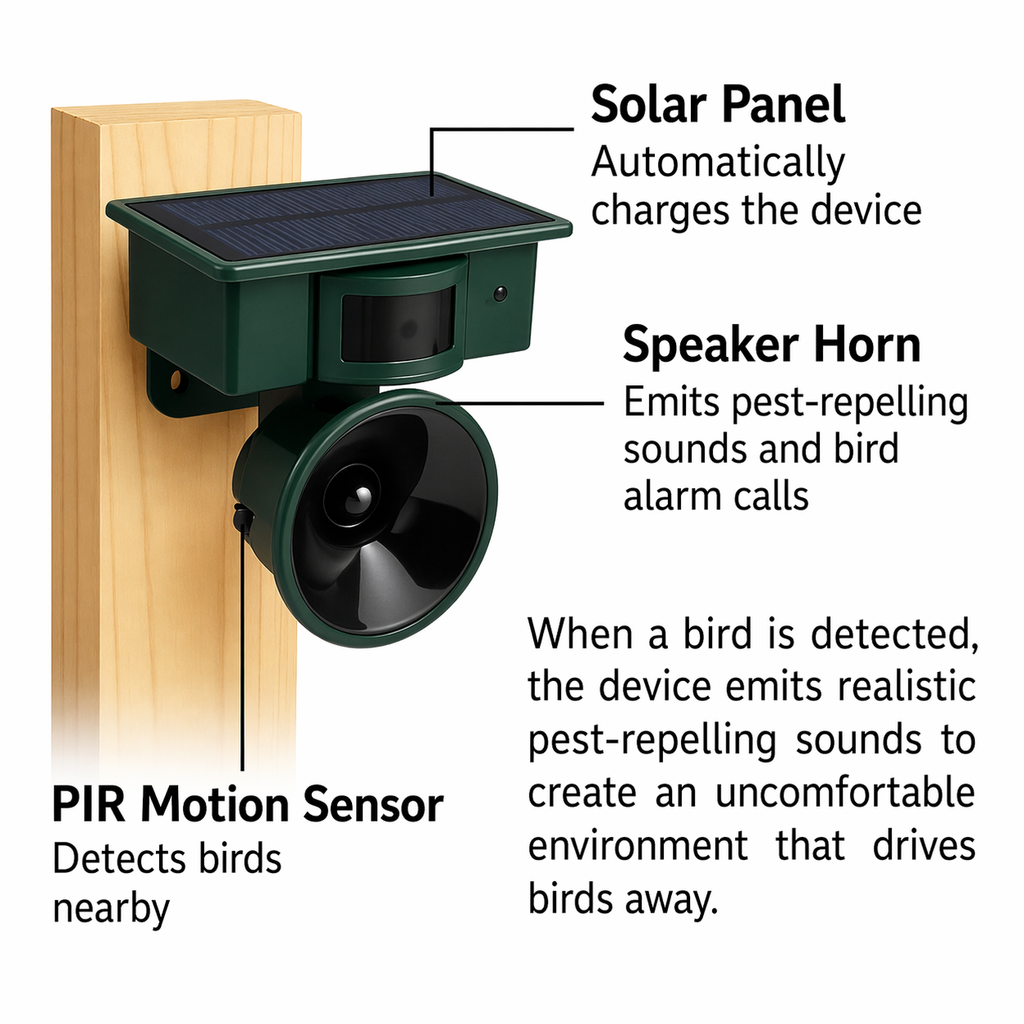 Bird Repellent | Sensor Solar-Powered | Animal-Friendly Bird of Prey Sounds | Birdfend