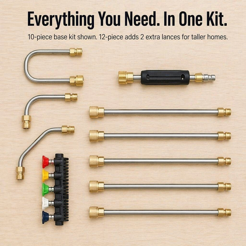 SkySweep™ — Power Through Gutters, Siding & Upper-Level Dirt Without Ladder Climbing