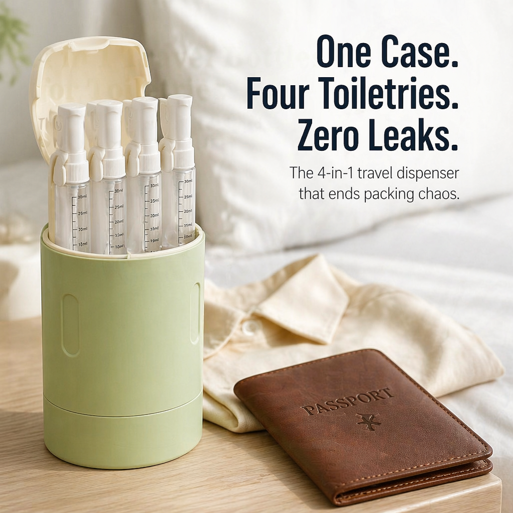 VoyaPack™ — Store, Secure & Dispense All Four Toiletries in One Case