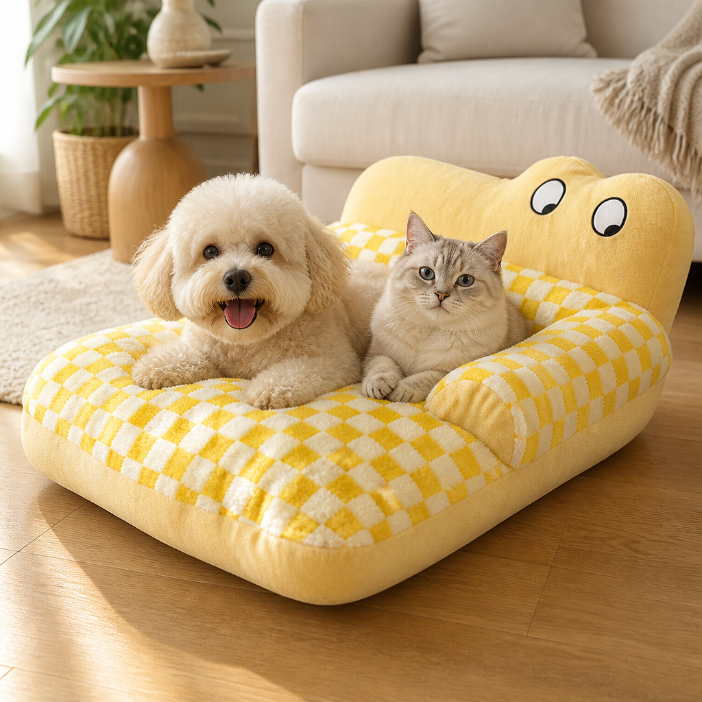 Dog & Cat Bed | Cute Cartoon Sofa Design | Soft Fluffy Cushion | Comfortable Sleep