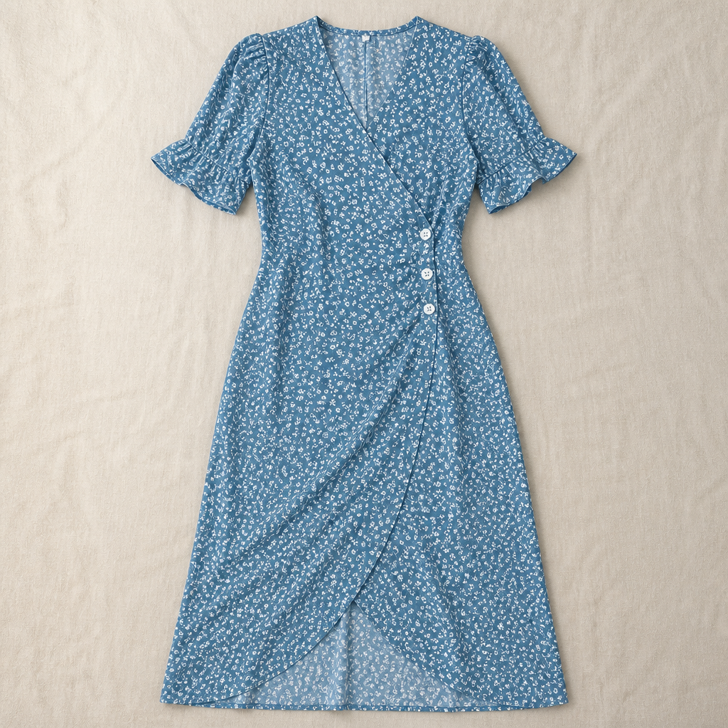 SeraphineAura™ – Ditsy Floral Wrap Midi Dress with Ruched Tulip Hem