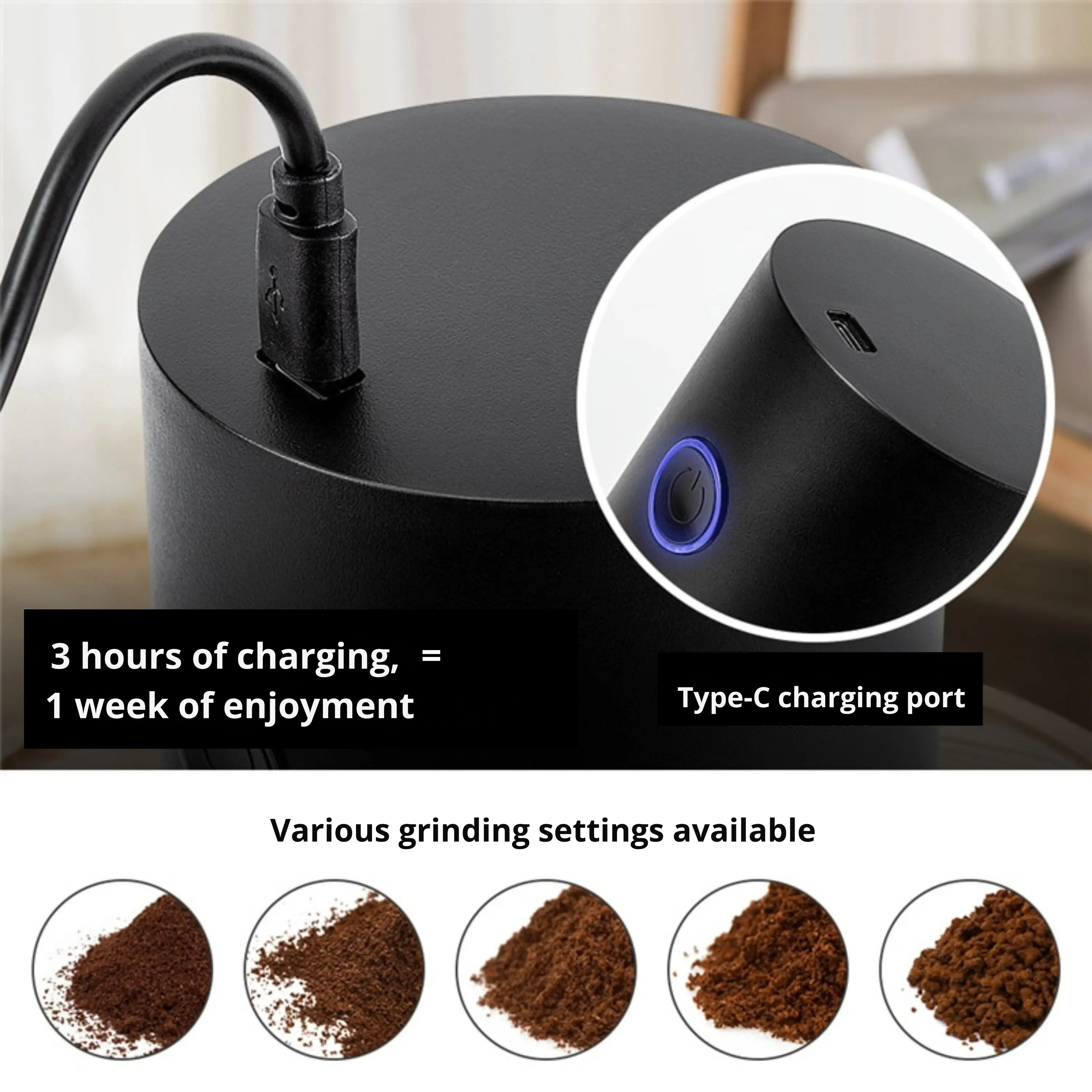 Electric Coffee Grinder | USB Rechargeable | Adjustable Grind Settings | KaffeeKompakt