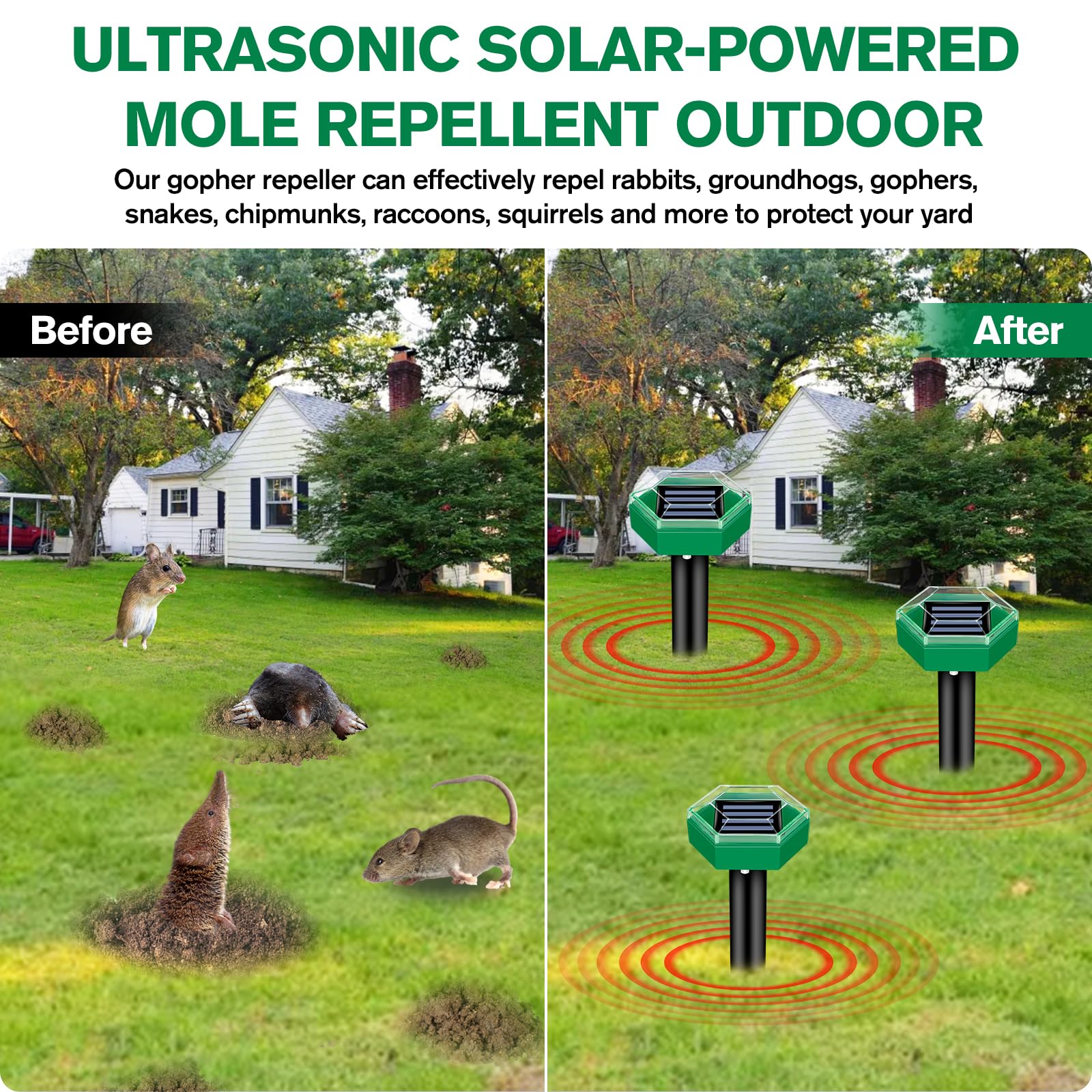 Mole Repellent 4-Pack | Weatherproof and Solar Powered | Simple Installation | MoleSilent