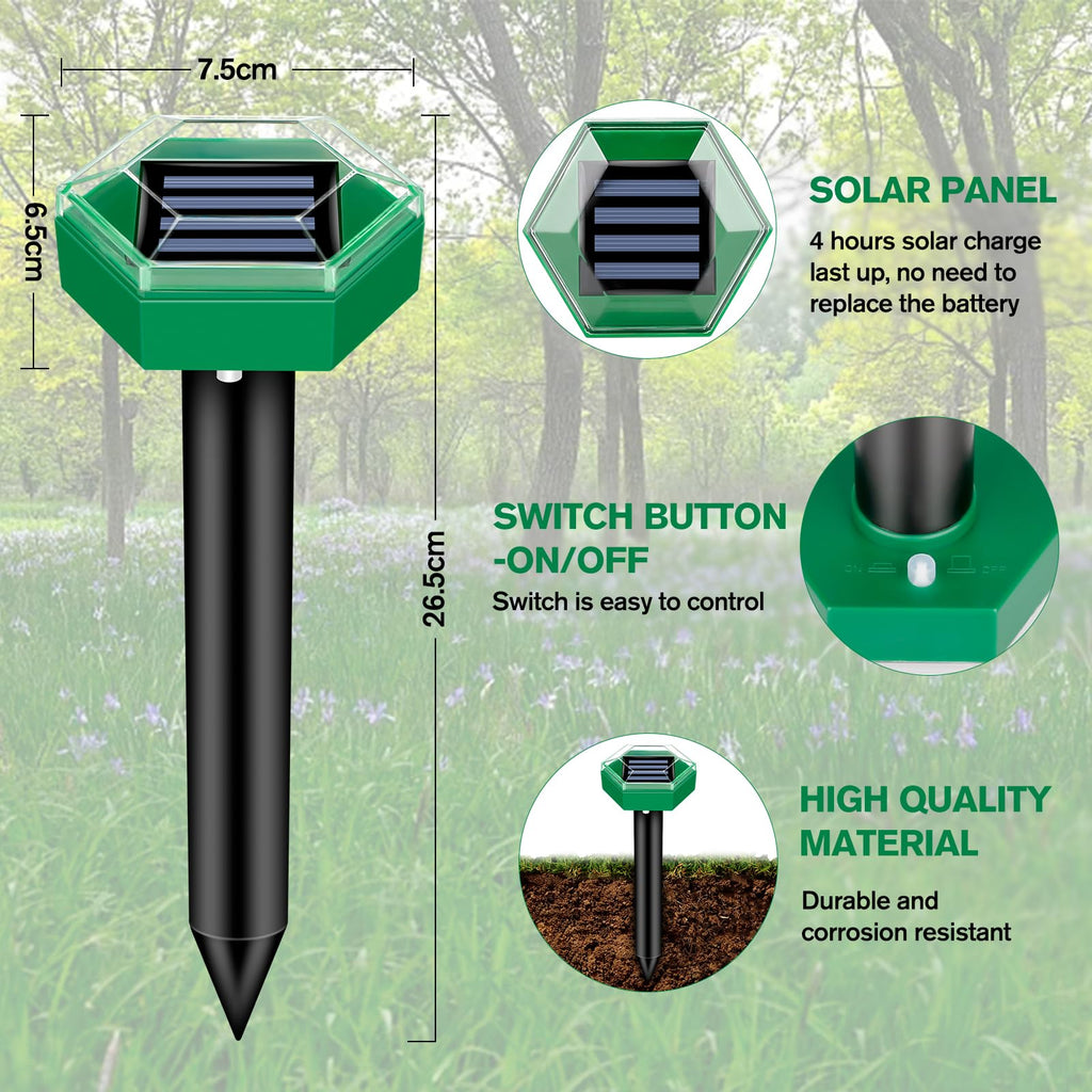Mole Repellent 4-Pack | Weatherproof and Solar Powered | Simple Installation | MoleSilent