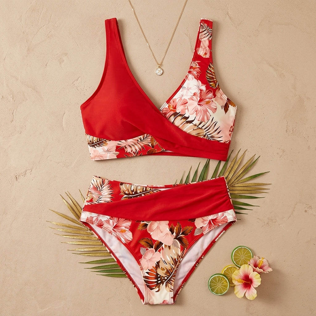 MaraisBelle™ – Tropical Floral Wrap-Front Bikini Set with High-Waisted Ruched Bottom