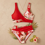 MaraisBelle™ – Tropical Floral Wrap-Front Bikini Set with High-Waisted Ruched Bottom