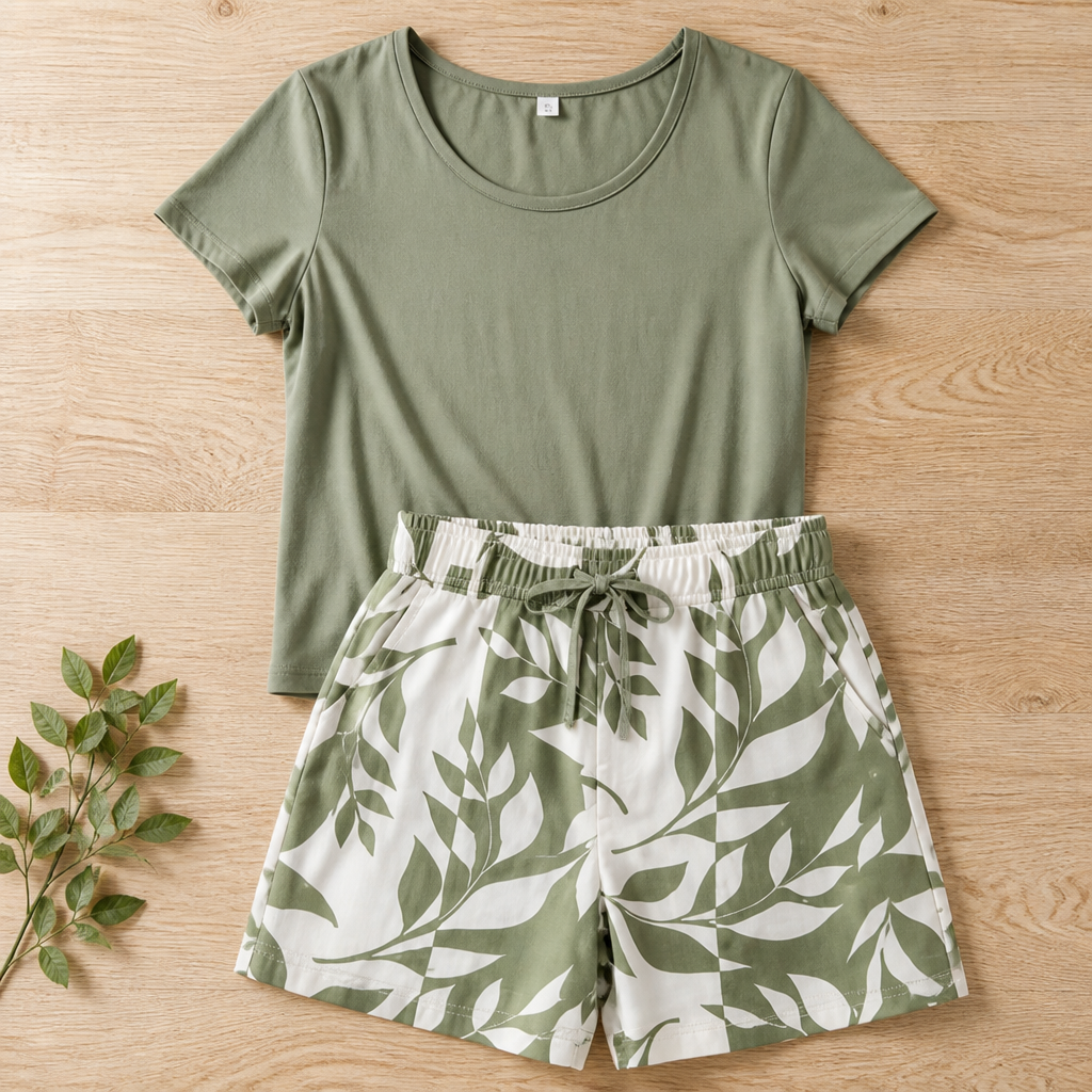 BellaLuxe™ – Breezy Botanical-Print Tee & Shorts Two-Piece Set